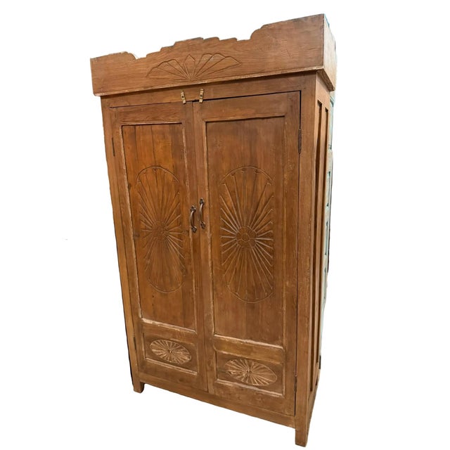 Mid-Century Modern Antique Indian Hand-Carved Wooden Armoire | Rustic Sunburst Farmhouse Storage Cabinet 62x38 For Sale - Image 3 of 5