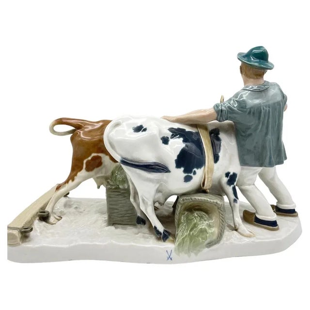 large antique Meissen (sword mark) group of figures farmer with oxen. In the representation - farmer with oxen. Art...