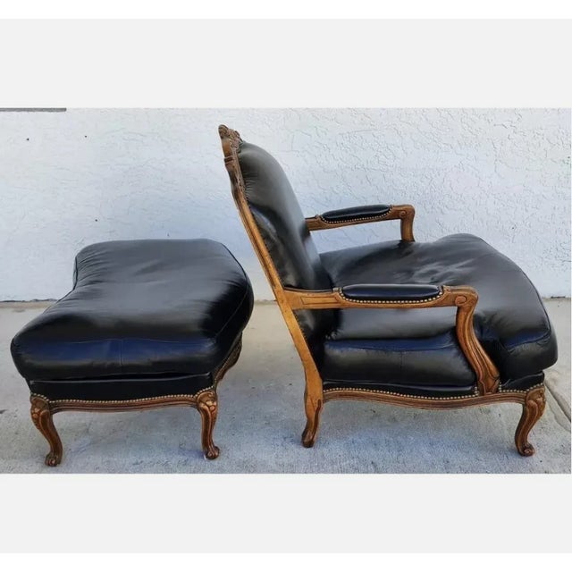 Chateau Dax French Provincial Black Top Grain Leather Lounge Chair & Ottoman For Sale - Image 4 of 10