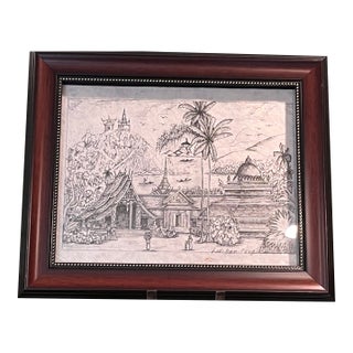 Late 20th Century Framed Original Pen & Ink Laos Landscape Drawing Laos Boon FEng 18x 14 For Sale