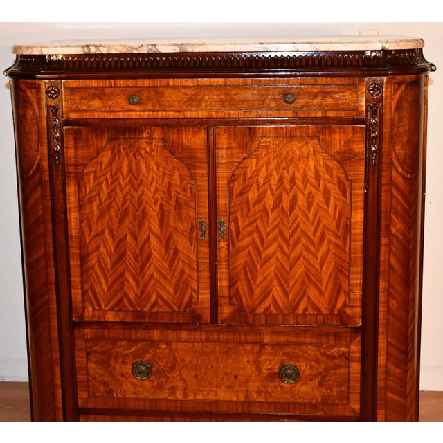 1900 Antique French Louis XVI Satinwood & Burl Walnut Marble Top Dresser For Sale - Image 4 of 13
