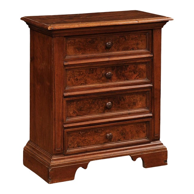 Italian 1840s Bedside Chest with Four Drawers, Burl Panels and Bracket Feet For Sale