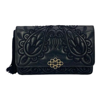 Judith Leiber Black Embroidered Leather Tassel Clutch For Sale