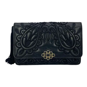 Judith Leiber Black Embroidered Leather Tassel Clutch