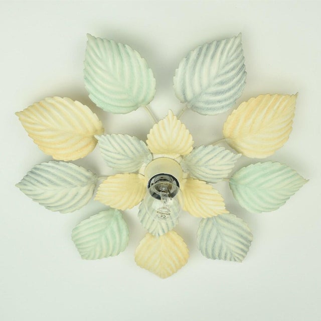Metal Vintage Pastel Flush Mount or Wall Sconce Leafs Green Peach Light Blue | Mid Century Hollywood Regency Ceiling Lamp Toleware Retro 1980s For Sale - Image 7 of 10