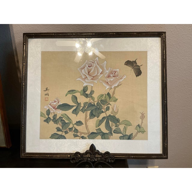 Asian Beautiful Framed East Asian Botanical and Butterfly Painting For Sale - Image 3 of 12
