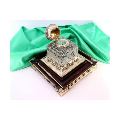 Silver Inkwell with Acid-Etched Glass Core and Silver Frame For Sale - Image 5 of 9