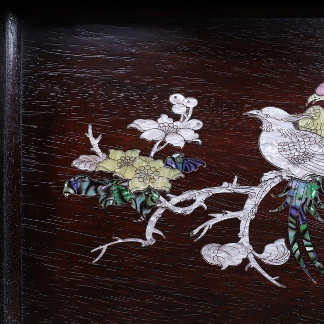 Late 20th Century Wooden Tea Tray With Mother-of-Pearl Magpie and Plum Blossom Inlay For Sale - Image 9 of 9