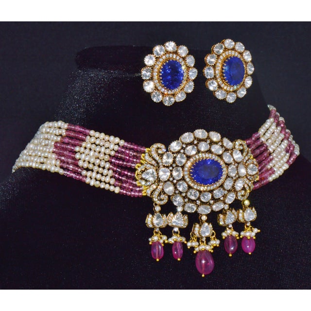 Certified 121.63CTS natural tanzanite, diamond, ruby, pink tourmaline and seed pearl solid 18K gold choker necklace and...
