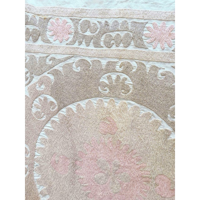 Textile Suzani Wall Hanging Decor - Neutral Tan Uzbek Tablecloth, 4' X 4'4'' For Sale - Image 7 of 9