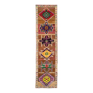 Mid-20th Century Brown Vintage Turkish Wool Runner Rug With Geometric Pattern For Sale