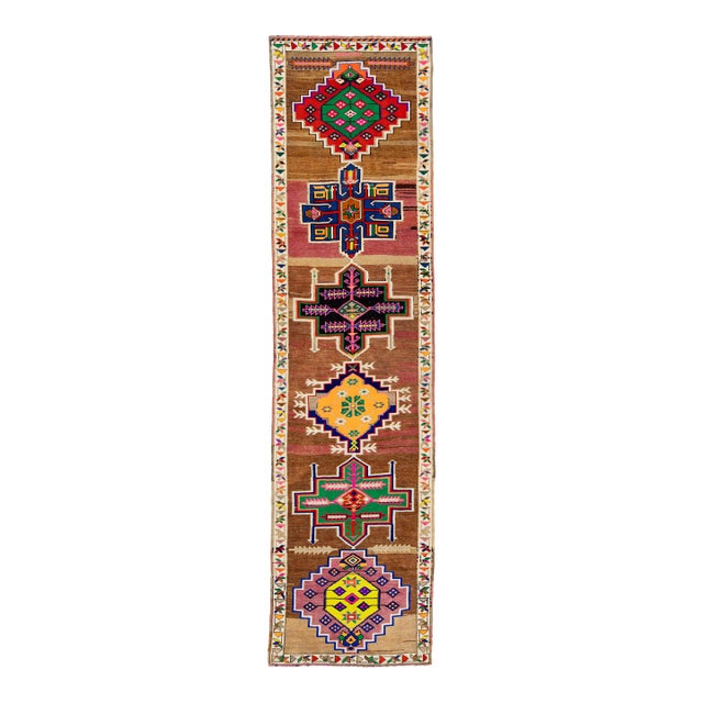 Mid-20th Century Brown Vintage Turkish Wool Runner Rug With Geometric Pattern For Sale