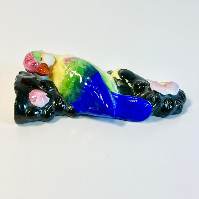 Royal Blue 1950s Vintage Japanese Chinoiserie Boho Chic Ceramic Parrot Wall Pocket. For Sale - Image 8 of 13