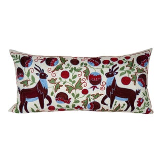 Hand Embroidered Suzani Lumbar Pillow – Deer & Pomegranate, 18'' X 34'' For Sale
