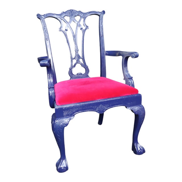 Chippendale Style Blue Lacquered Carved Open Armchair For Sale