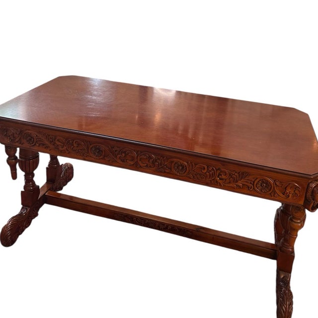 Elegant 1880’s antique style ornate desk table with exquisite carved details. Almost five full feet of ornately hand-...