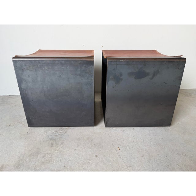 Vintage Postmodern Steel & Saddle Leather Cube Ottomans – A Pair/ Sold For Sale - Image 10 of 12