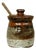 Vintage Rustic Stoneware Honey Jar with Wooden Dipper, 1970 For Sale