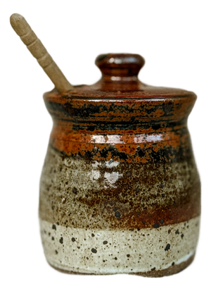 Vintage Rustic Stoneware Honey Jar with Wooden Dipper, 1970