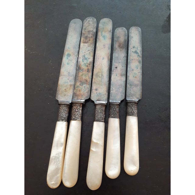 These are Antique J Russell Silverplate & Mother of Pearl Knives Set of 5. Procured at auction MINIATURE