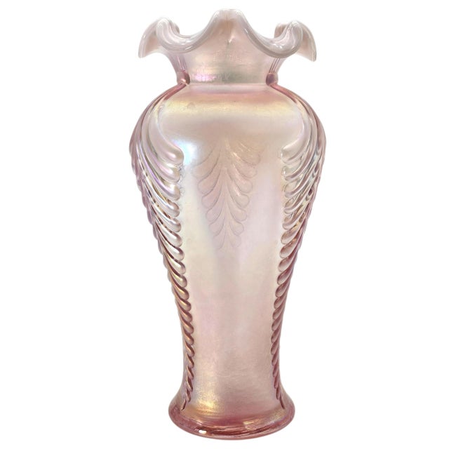Victorian Fenton Pink Opalescent Carnival Glass Feather Pattern Ruffled Vase, Mid-Century For Sale - Image 3 of 16