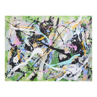 Abstract Style of Jackson Pollock Painting on Paper in Green Pink White Black For Sale