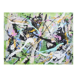 Abstract Style of Jackson Pollock Painting on Paper in Green Pink White Black