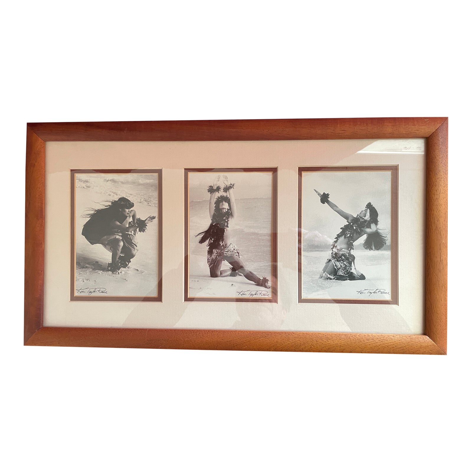 Vintage Kim Taylor Reece Hula Photo Triptych in Solid Koa Wood