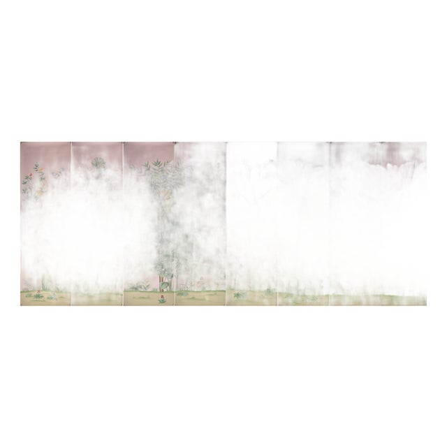 Hand Painted Blush Pink Tropical Chinoiserie Wildlife Mural 8-Panel Set For Sale
