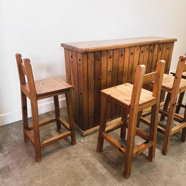 Rustic Wood Bar Counter with Stools, Set of 5 For Sale - Image 9 of 15