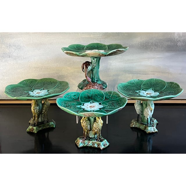 Victorian Antique English Majolica Pond Lily Compote With Stork , C. 1880's For Sale - Image 3 of 16