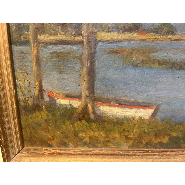 1930s Impressionist oil on board of winding lake with boat and trees. Unsigned, in original frame. Excellent condition,...