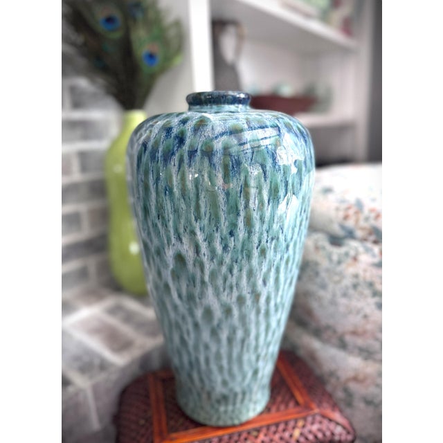 Green Late 20th Century Peacock Feather Blue & Green Drip Glazed Pottery Vase For Sale - Image 8 of 12