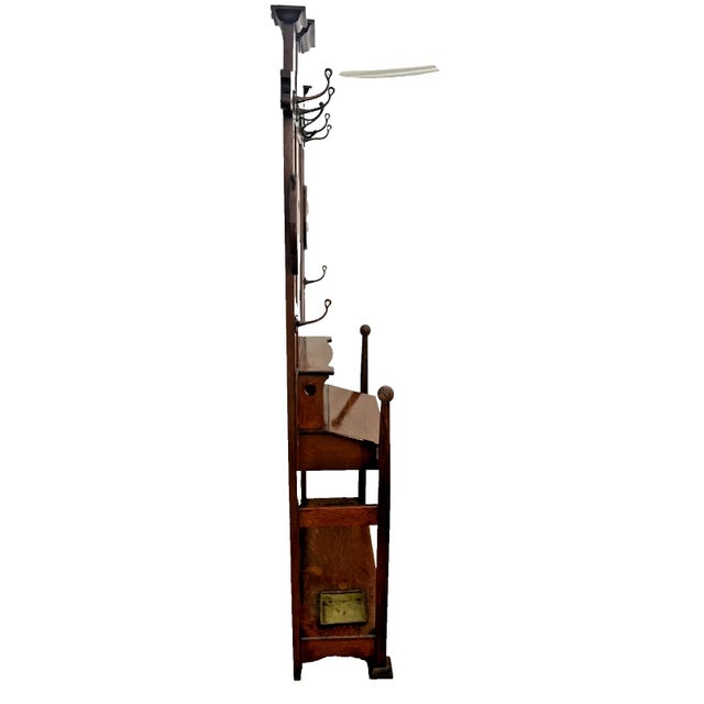 Wood Early 20th Century English Arts & Crafts Quarter-Sawn Oak Hall Tree With Mirror and Umbrella Stand For Sale - Image 7 of 13