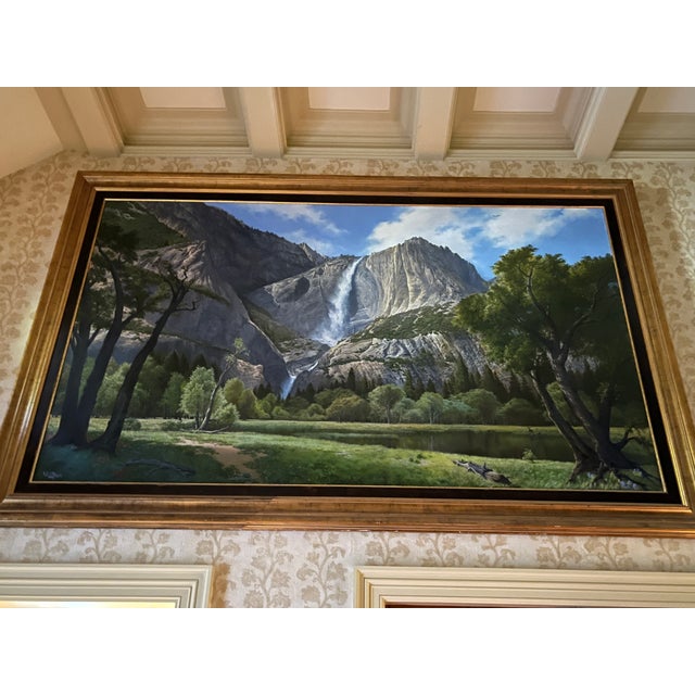 Beautifully detailed portrayal, on a grand scale, of Yosemite Falls, by artist, Wendell Brown (b. 1943). The painting,...