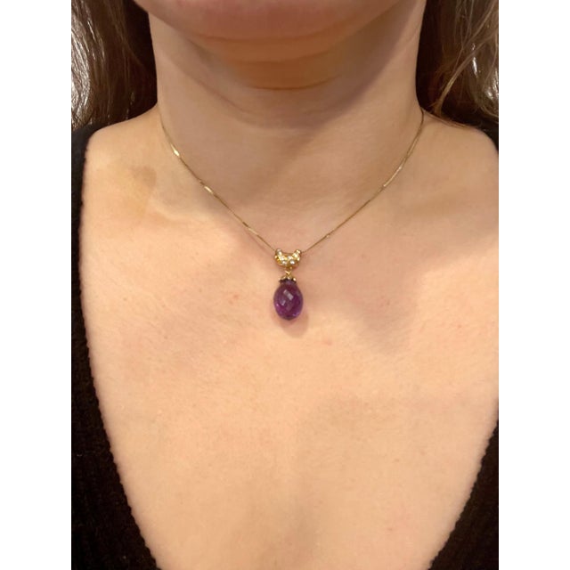 Checkerboard Amethyst Drop & Diamond Pendent/Necklace 14 Karat Yellow Gold Chain For Sale - Image 13 of 18