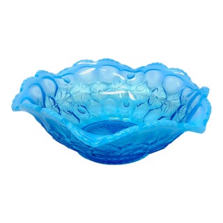 Antique Fenton Blue Opalescent Honeycomb & Clover Fluted Crimped Glass Bowl For Sale