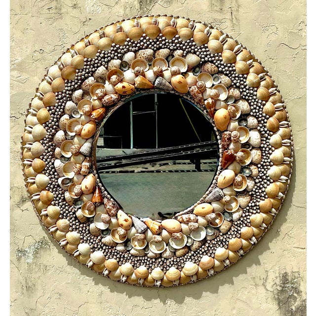 Vintage Monumental Shell Encrusted Round Mirror For Sale In West Palm - Image 6 of 12