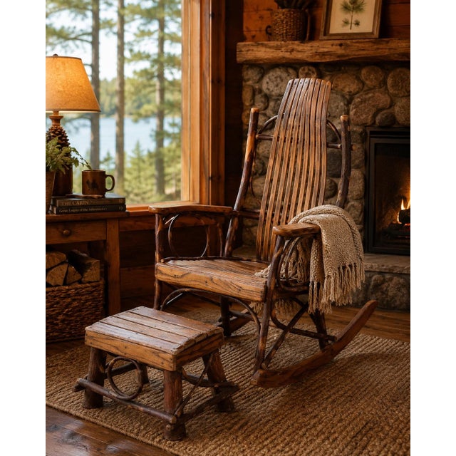 Bring authentic rustic craftsmanship into your home with this beautifully handcrafted hickory twig rocking chair and...