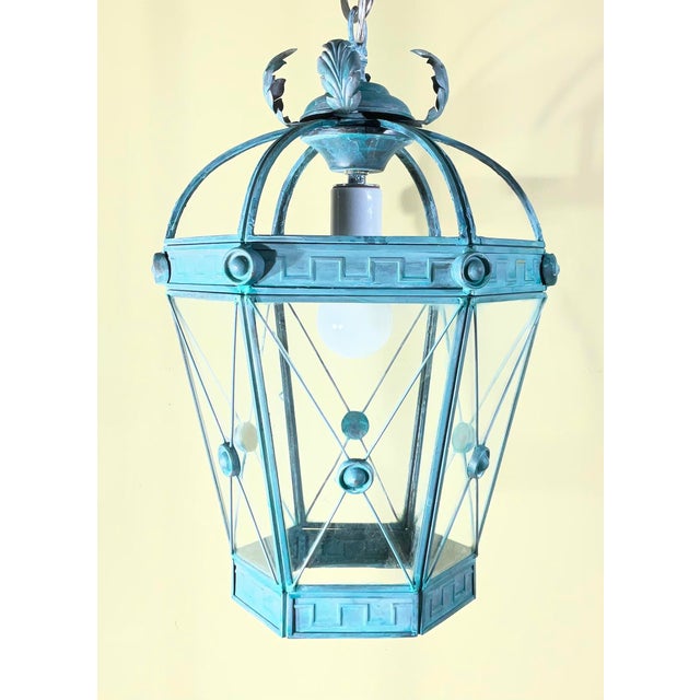 Vintage Style Solid Brass Verdigris Hanging Lantern - Restored & Rewired For Sale - Image 9 of 14