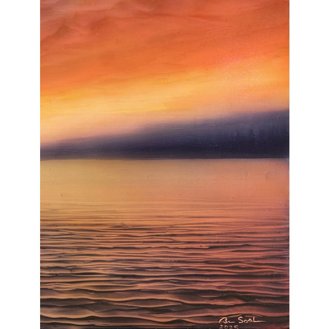 Afterburn by Brian Sostrom | Acrylic on panel of a sunset over a calm lake and clouds. For Sale - Image 4 of 5
