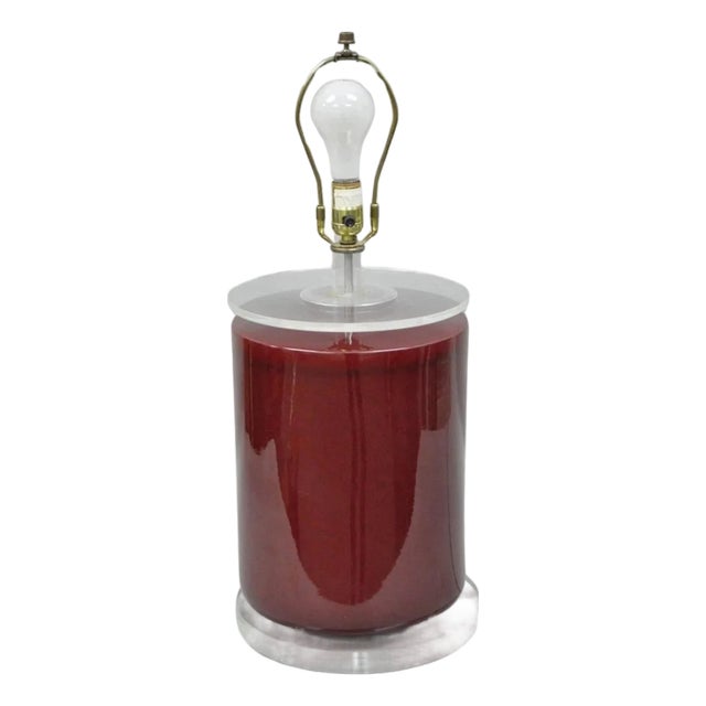 Vintage Mid Century Modern Red Ceramic Cylinder & Lucite Modernist Table Lamp For Sale