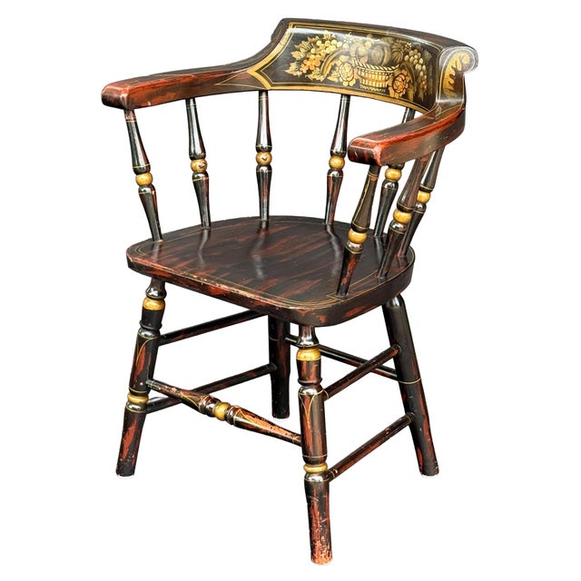 Wood American Ebonized Captain's Chair With Federal Style Fruitful Bounty Basket For Sale - Image 7 of 16
