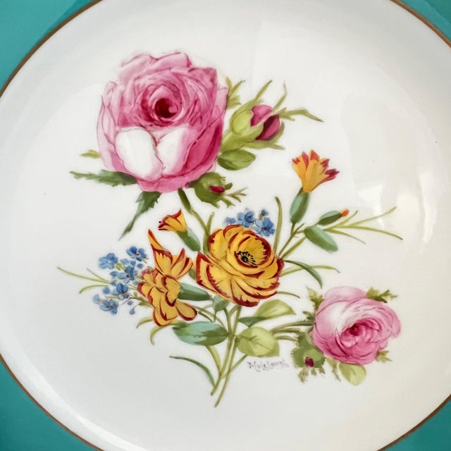 1940s 1940s Rare set of hand-painted Minton floral dinner plates with aqua band and gilt rim // signed by artist J Colclough // set of 11 For Sale - Image 5 of 10