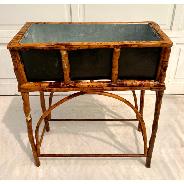 Brown Vintage Bamboo Jardinière Planter Stand With Removable Galvanized Liner For Sale - Image 8 of 13