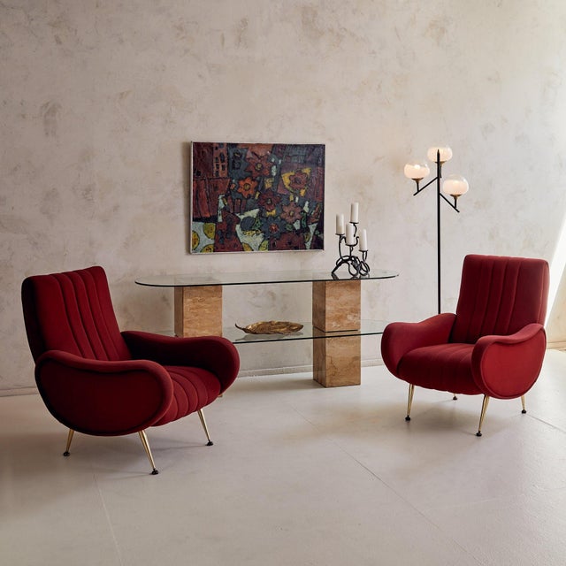 Italian Red Channeled Armchair with Brass Legs, 1950s - 4 Available For Sale - Image 4 of 11