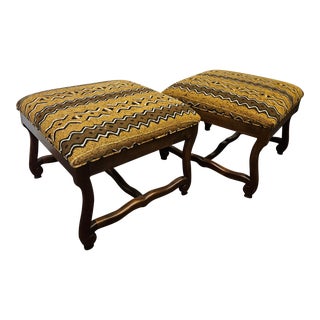 Handsome and Stylish Square French Walnut Ottomans by John Stuart Ny Upolstered in African Mudcloth - A Pair For Sale