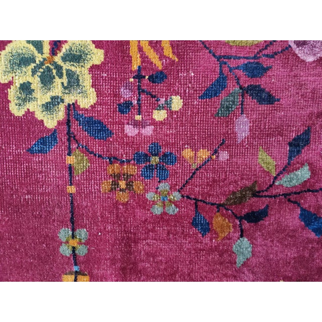 1920s Dark Pink Floral Open Field Antique Chinese Art Deco Rug 6' X 8'8" Handknotted Wool Carpet For Sale - Image 9 of 10