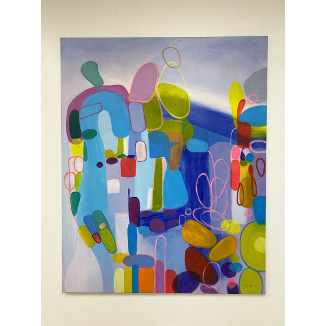 A joyful and energetic original oil painting on canvas filled with layered shapes fluid lines and vibrant color. Rounded...