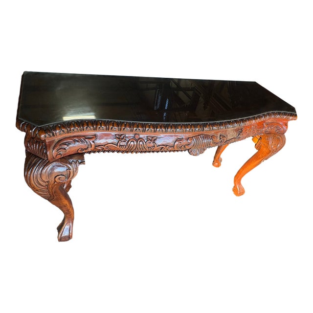 Intricately Carved Solid Mahogany Sofa Table Circa 2000 in Nashville For Sale